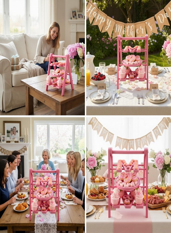 Novabright Mother's Day Serving Tray and Platters, 3 Tier Foldable Wooden Cupcake Stand, 7.8''/9.8''/11.4'' Pink Heart Mom Letter Charcuterie Board Serving Plate for Food Display, Party Decor Mom Gift - Image 4