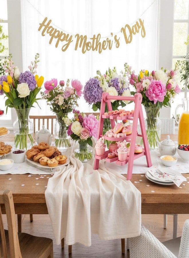 Novabright Mother's Day Serving Tray and Platters, 3 Tier Foldable Wooden Cupcake Stand, 7.8''/9.8''/11.4'' Pink Heart Mom Letter Charcuterie Board Serving Plate for Food Display, Party Decor Mom Gift - Image 3