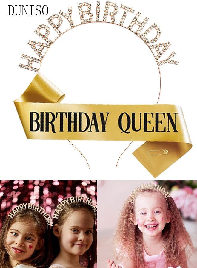 DUNISO Birthday Sash Birthday Crown Set for Women Girl Glitter Rose Gold Birthday Sash and Crown Rhinestone Headband Set Happy Birthday Party Accessories Supplies Favors - Image 1