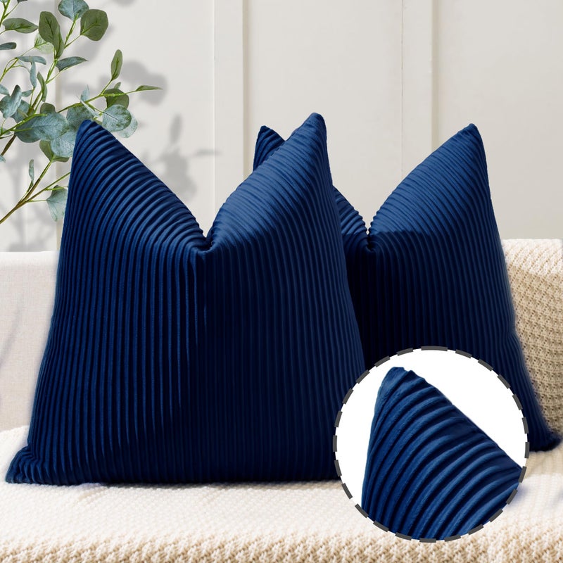 YCOLL Navy Blue Pillow Covers 20x20 Set of 2 Velvet Striped Pattern - Soft Throw Pillows for Home Decor  Luxury Decorative Pillow Covers for Couch  Bed Living Room - Image 1