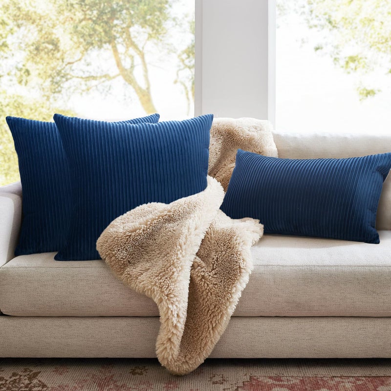 YCOLL Navy Blue Pillow Covers 20x20 Set of 2 Velvet Striped Pattern - Soft Throw Pillows for Home Decor  Luxury Decorative Pillow Covers for Couch  Bed Living Room - Image 3
