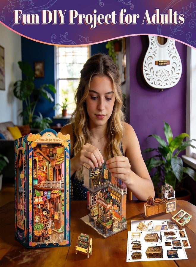 Fsolis Book Nook Kit Día De Muertos - 3D Wooden Puzzles for Adults DIY Miniature House Bookshelf Decor Decorative Bookends Gifts for Women Book Lovers (Plaza de Los Muertos) - Image 5