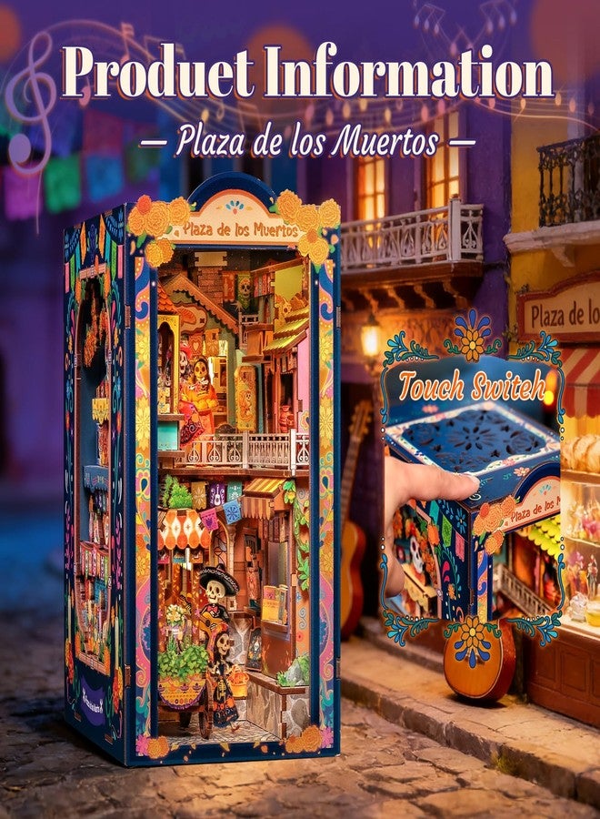 Fsolis Book Nook Kit Día De Muertos - 3D Wooden Puzzles for Adults DIY Miniature House Bookshelf Decor Decorative Bookends Gifts for Women Book Lovers (Plaza de Los Muertos) - Image 4