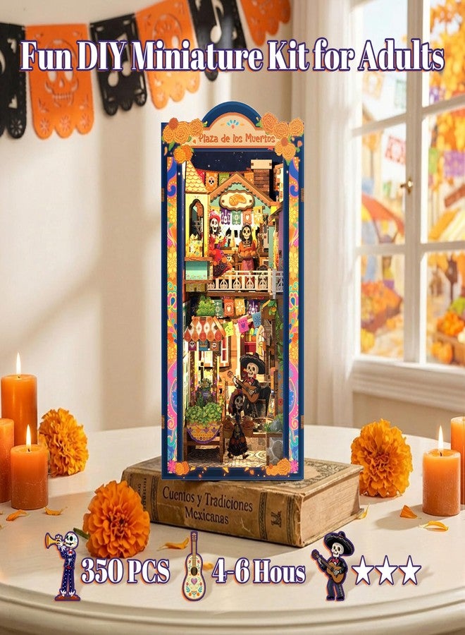 Fsolis Book Nook Kit Día De Muertos - 3D Wooden Puzzles for Adults DIY Miniature House Bookshelf Decor Decorative Bookends Gifts for Women Book Lovers (Plaza de Los Muertos) - Image 3