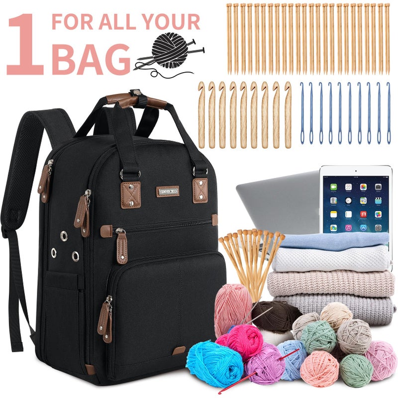 SINVICKO Crochet Bag Backpack,Knitting Bag Backpack and Totes Organizer with USB Charging Port, Large Yarn Storage Tote Bag Yarn Holder Case for Knitting Needles, Crochet Hooks,fits 15.6 inch Laptop,Black - Image 2