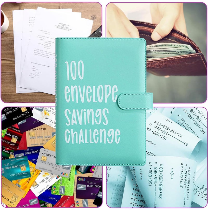 AASLOB 100 Envelopes Money Saving Challenge, 100 Envelope Challenge Binder, Easy and Fun Way to Save $5,050, Savings Challenges Budget Book Binder with Cash Envelopes for Office,Home,School (Green) - Image 4