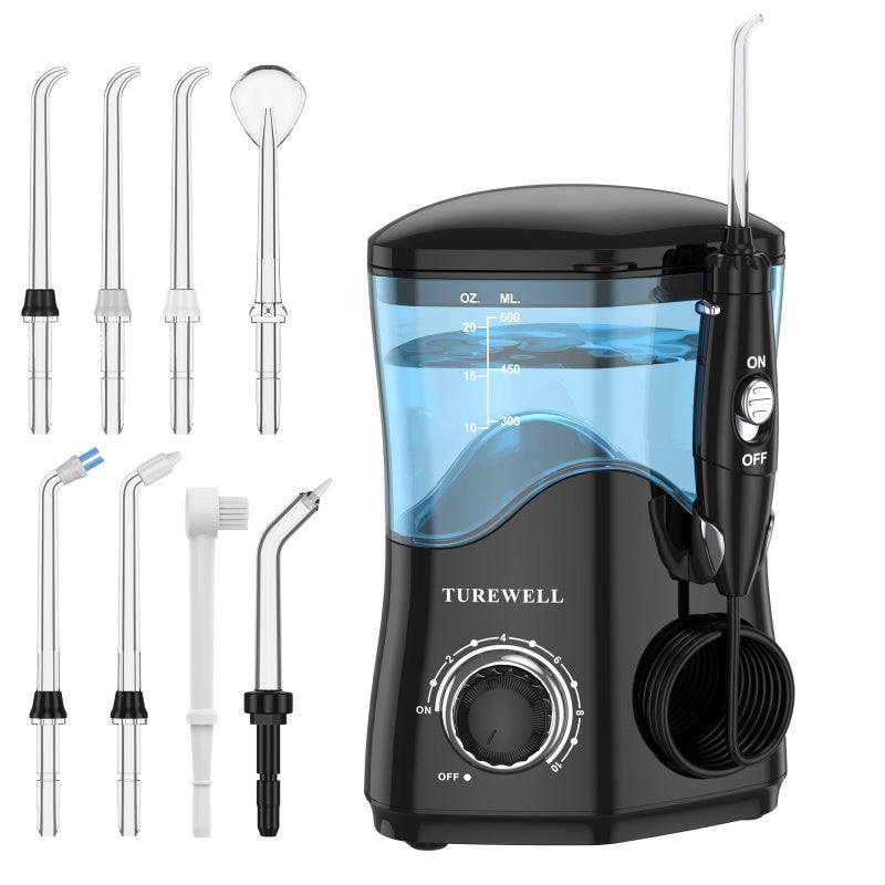 TUREWELL Water Dental Flosser for Teeth/Braces, Water Teeth Cleaner 8 Jet Tips and 10 Pressure Levels, 600ML Large Water Tank Oral Irrigator for Family(Black) - Image 1