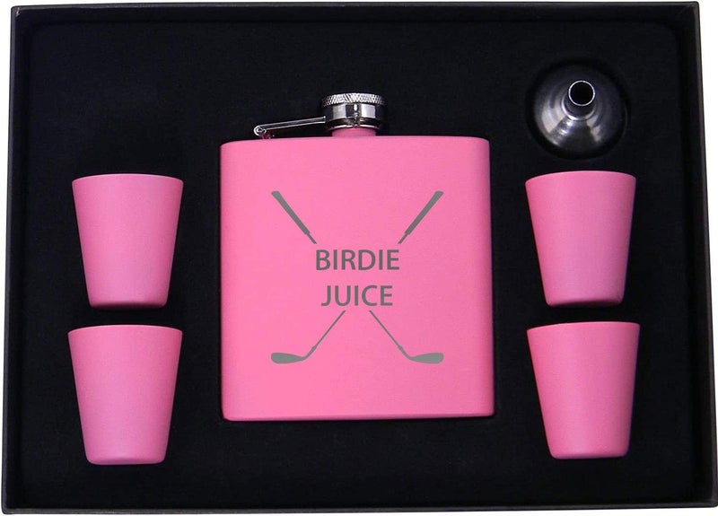 CustomGiftsNow Birdie Juice Flask, Funnel, Shot Glasses, and Gift Box - Golfing Birdie Juice Hip Stainless Steel Metal Matte 6-Ounce Golf Bag Flask (Pink) - Image 1
