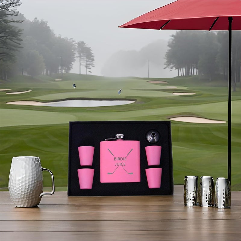CustomGiftsNow Birdie Juice Flask, Funnel, Shot Glasses, and Gift Box - Golfing Birdie Juice Hip Stainless Steel Metal Matte 6-Ounce Golf Bag Flask (Pink) - Image 2
