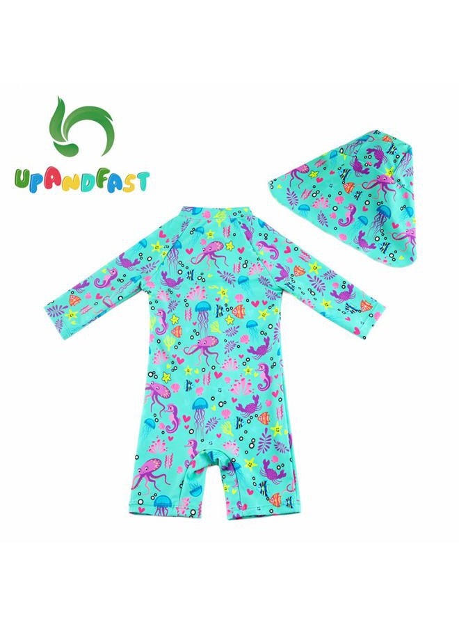 upandfast Baby/Toddler Swimsuit UPF 50+ Sun Protection One Piece Zipper Bathing Suit with Sun Hat Infant Beach Swimwear, Green, 12-18 Months - Image 2