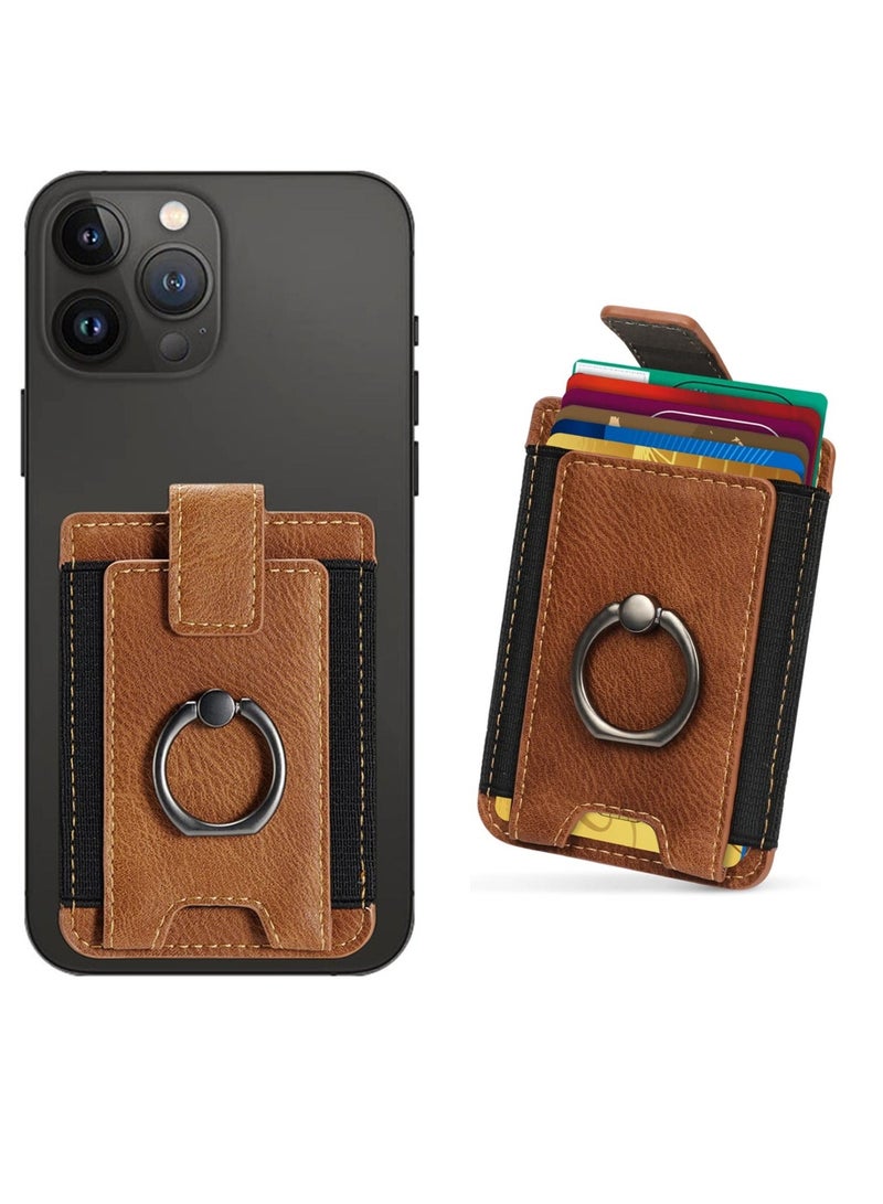Captaintech Card Holder for Phone Case Stick on Phone Wallet PU Leather Card Holder for Back of Phone RFID Card Sleeve Pouch with Ring Holder Compatible with iPhone Samsung Smartphones Brown - Image 1