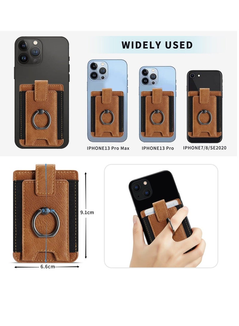Captaintech Card Holder for Phone Case Stick on Phone Wallet PU Leather Card Holder for Back of Phone RFID Card Sleeve Pouch with Ring Holder Compatible with iPhone Samsung Smartphones Brown - Image 2