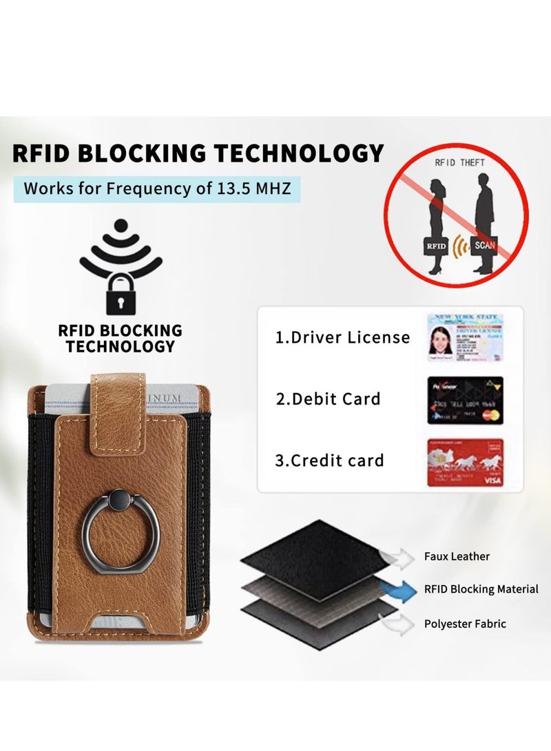 Captaintech Card Holder for Phone Case Stick on Phone Wallet PU Leather Card Holder for Back of Phone RFID Card Sleeve Pouch with Ring Holder Compatible with iPhone Samsung Smartphones Brown - Image 4