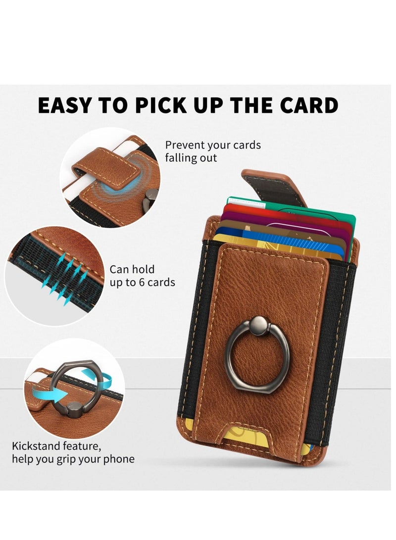 Captaintech Card Holder for Phone Case Stick on Phone Wallet PU Leather Card Holder for Back of Phone RFID Card Sleeve Pouch with Ring Holder Compatible with iPhone Samsung Smartphones Brown - Image 3