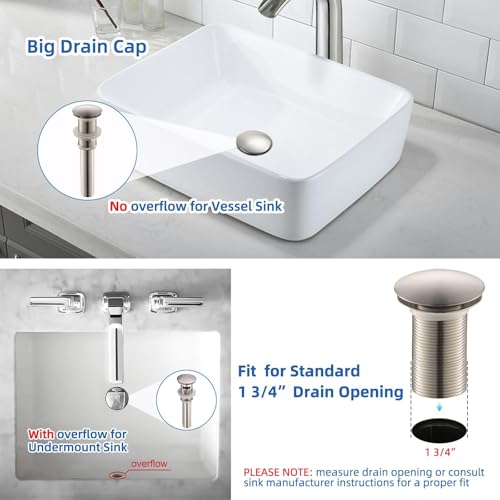 Yodel Faucet Vessel Sink Drain Without Overflow - Bathroom Sink Drain Stopper - Pop Up Drain All Metal - Big Cap Fit for Vessel or Undermount Sink,Brushed Nickel,YDPOP-1 - Image 4