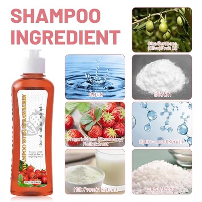 Strawberry & Milk Shampoo & Conditioner Set - Natural Extracts for All Hair Types - Strengthen Hair Roots, Reduce Split Ends & Breakage - 8.38 Fl Oz (248ml) Each - Long-Lasting Fragrance - Image 5