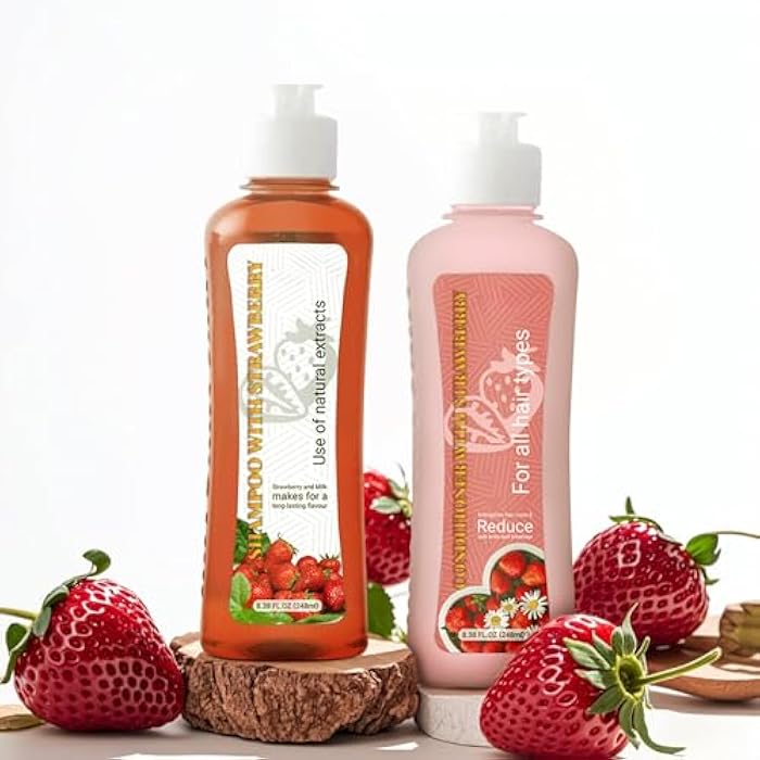 Strawberry & Milk Shampoo & Conditioner Set - Natural Extracts for All Hair Types - Strengthen Hair Roots, Reduce Split Ends & Breakage - 8.38 Fl Oz (248ml) Each - Long-Lasting Fragrance - Image 1
