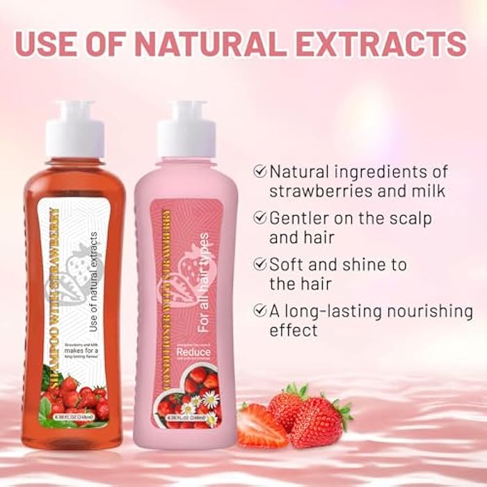 Strawberry & Milk Shampoo & Conditioner Set - Natural Extracts for All Hair Types - Strengthen Hair Roots, Reduce Split Ends & Breakage - 8.38 Fl Oz (248ml) Each - Long-Lasting Fragrance - Image 3