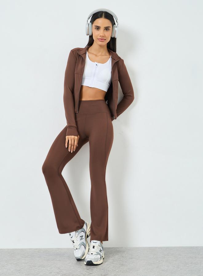 Styli Active Brown Contour Stitch Detail Zip-Up Jacket and Leggings Set - Image 3