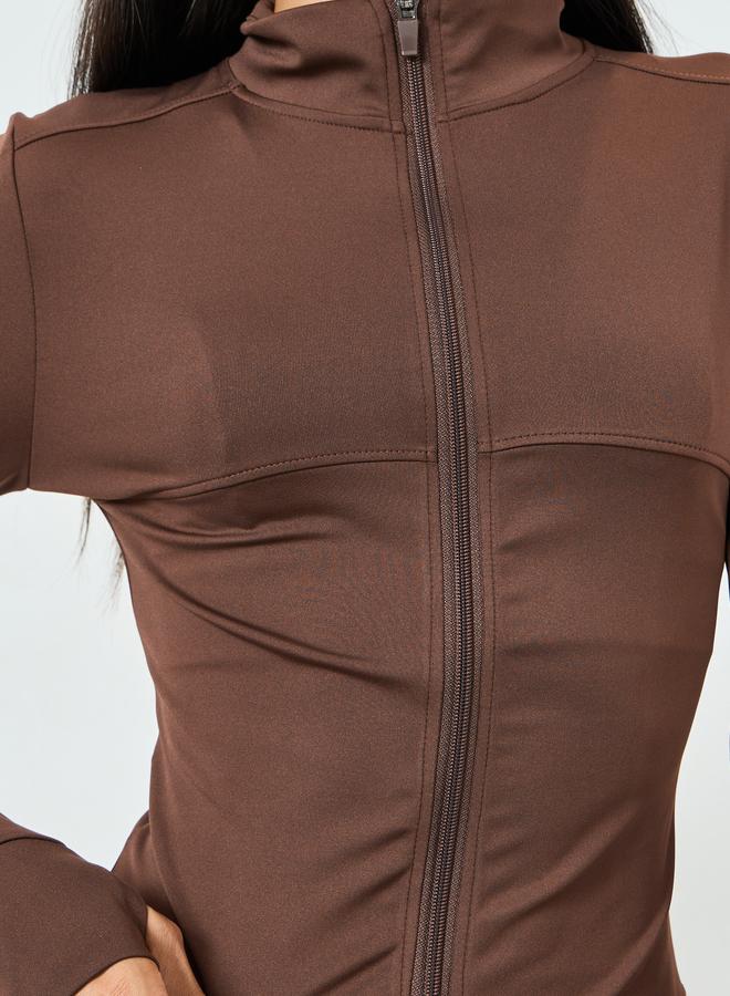 Styli Active Brown Contour Stitch Detail Zip-Up Jacket and Leggings Set - Image 4