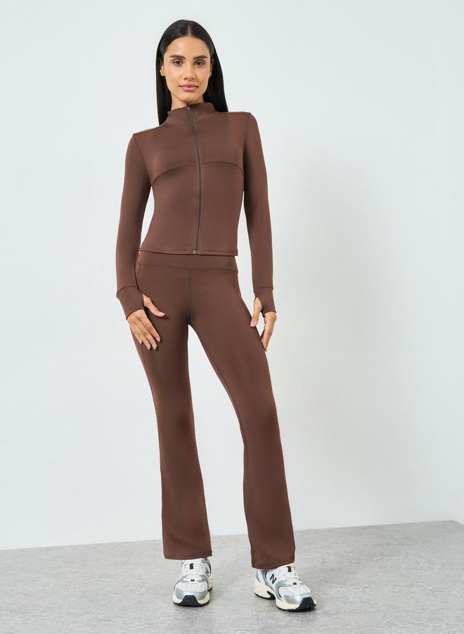 Styli Active Brown Contour Stitch Detail Zip-Up Jacket and Leggings Set - Image 1