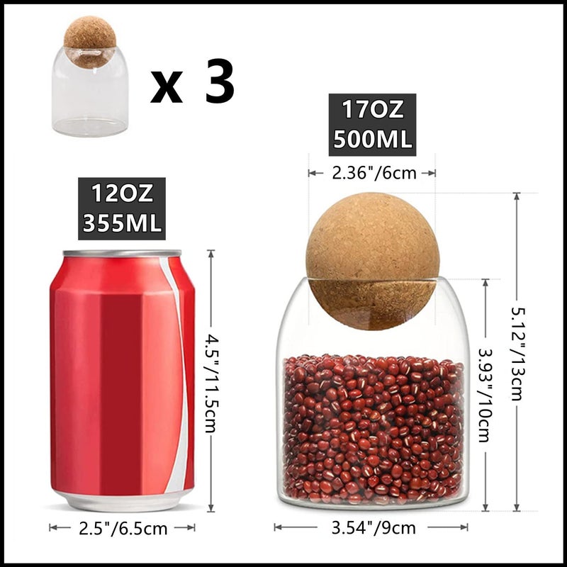 RHBLME 3 Pack Glass Storage Containers with Ball Cork, 17 Oz/500ML Glass Jar with Cork Lid, Round Cork Glass Bottle, Small Candy Jar with Wood Ball Lid for Food, Coffee, Sugar, Spice, Tea, etc - Image 2