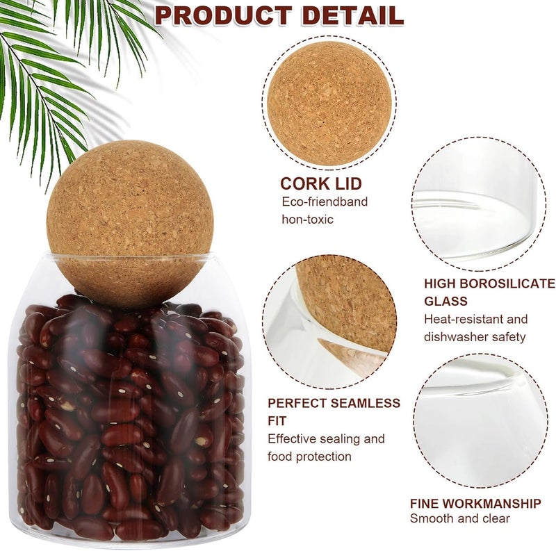 RHBLME 3 Pack Glass Storage Containers with Ball Cork, 17 Oz/500ML Glass Jar with Cork Lid, Round Cork Glass Bottle, Small Candy Jar with Wood Ball Lid for Food, Coffee, Sugar, Spice, Tea, etc - Image 3