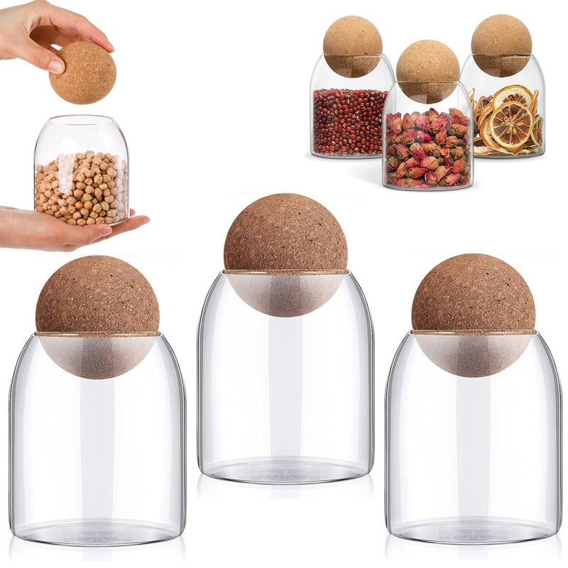 RHBLME 3 Pack Glass Storage Containers with Ball Cork, 17 Oz/500ML Glass Jar with Cork Lid, Round Cork Glass Bottle, Small Candy Jar with Wood Ball Lid for Food, Coffee, Sugar, Spice, Tea, etc - Image 1