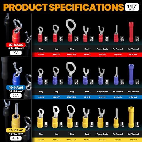 SOMELINE Crimping Tool for Insulated Electrical Wire Connectors Kit, with 21 Sizes PVC Insulated Wire Terminals and 22-10 AWG Ratchet Crimping Pliers – for Automotive & Electrical Repairs - Image 4