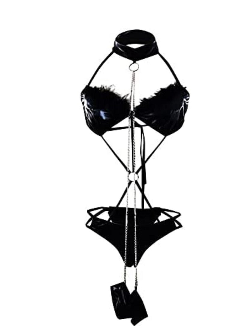 Ward - Women Lingerie set Patent Leather with tie - fur edage - Image 1