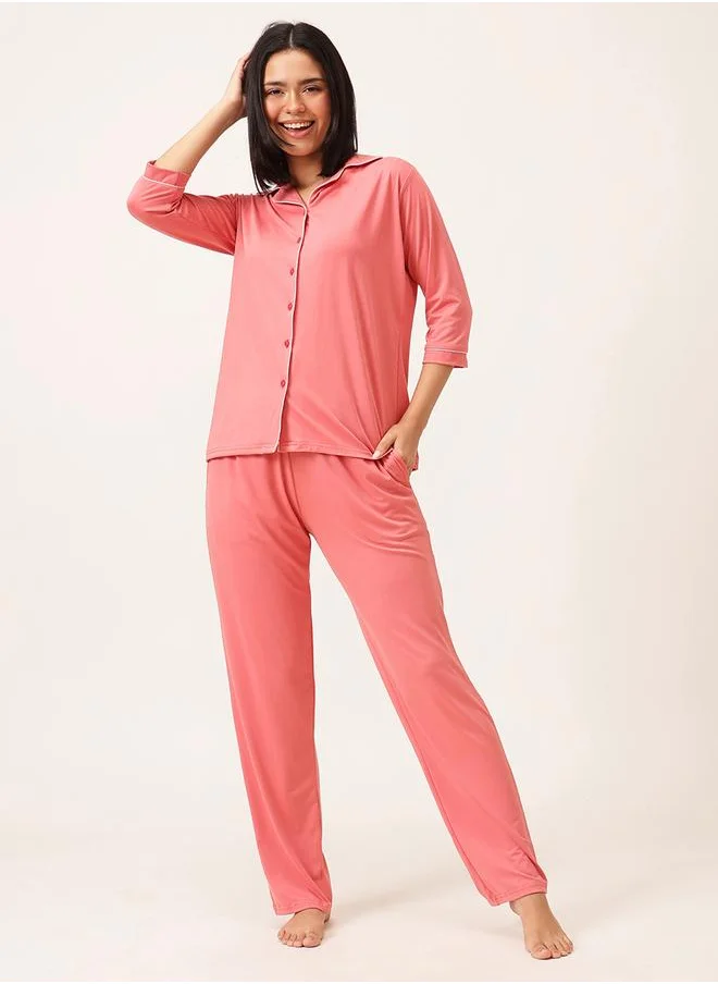 Clovia Clovia Solid 3/4 Sleeve Shirt and Pyjama Set
