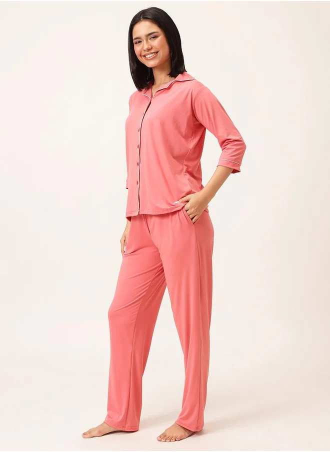 Clovia Clovia Solid 3/4 Sleeve Shirt and Pyjama Set