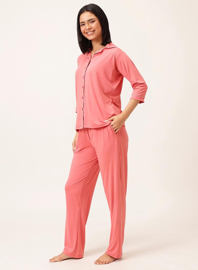 Clovia Solid 3/4 Sleeve Shirt and Pyjama Set - Image 2