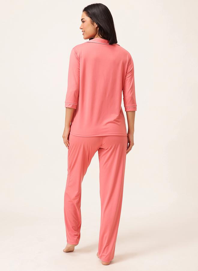 Clovia Solid 3/4 Sleeve Shirt and Pyjama Set - Image 4