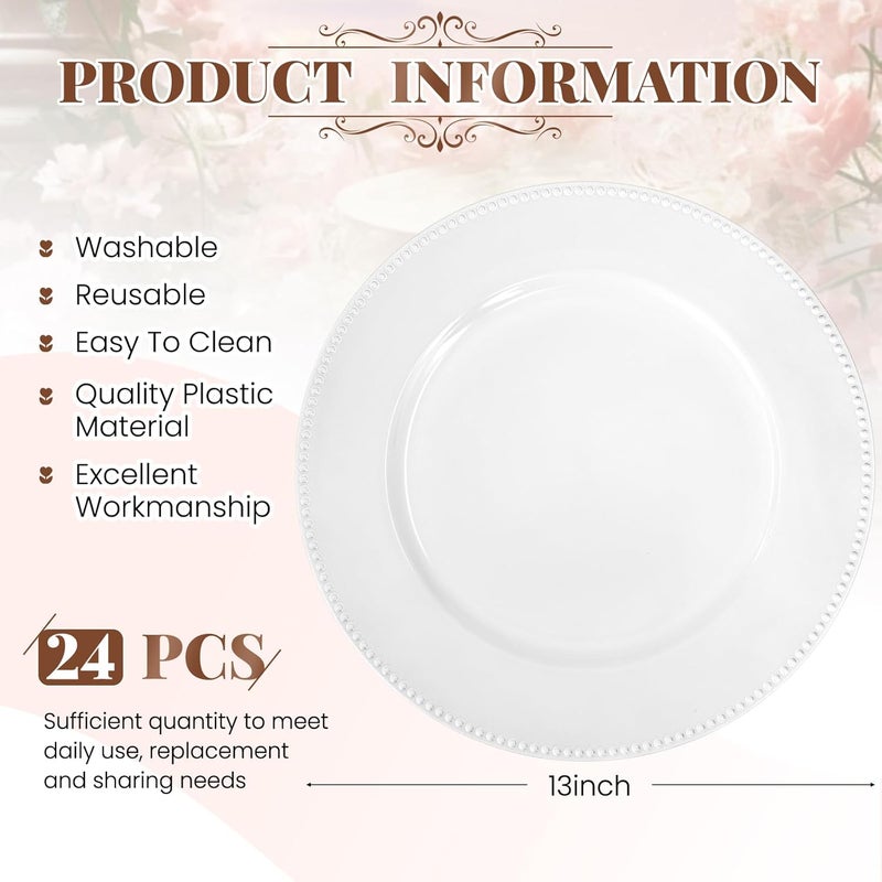 REWOMC 24 Pcs White Charger Plates Bulk 13 Round Beaded Plate Chargers for Dinner Plates Decorative Dinner Chargers Plastic Table Chargers for Wedding Holiday Party Baby Shower Event Decoration White - Image 2