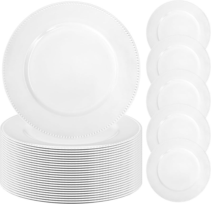 REWOMC 24 Pcs White Charger Plates Bulk 13 Round Beaded Plate Chargers for Dinner Plates Decorative Dinner Chargers Plastic Table Chargers for Wedding Holiday Party Baby Shower Event Decoration White - Image 1