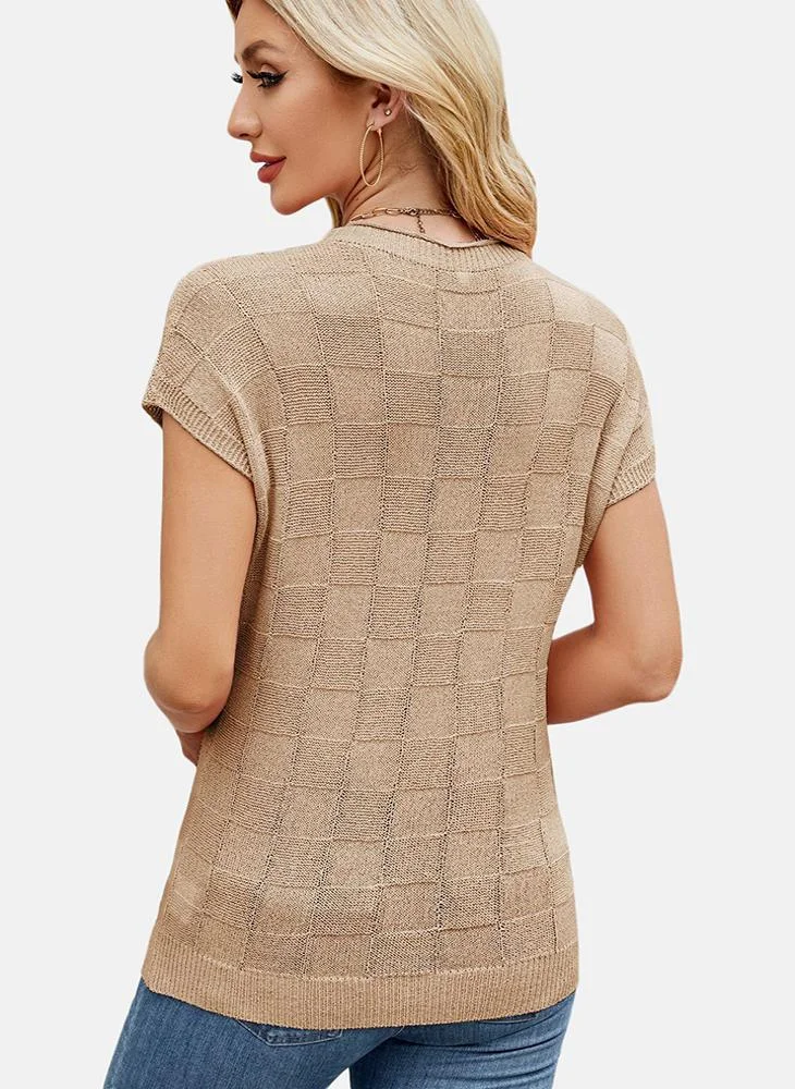 يونيكي Beige Round Neck Printed Top