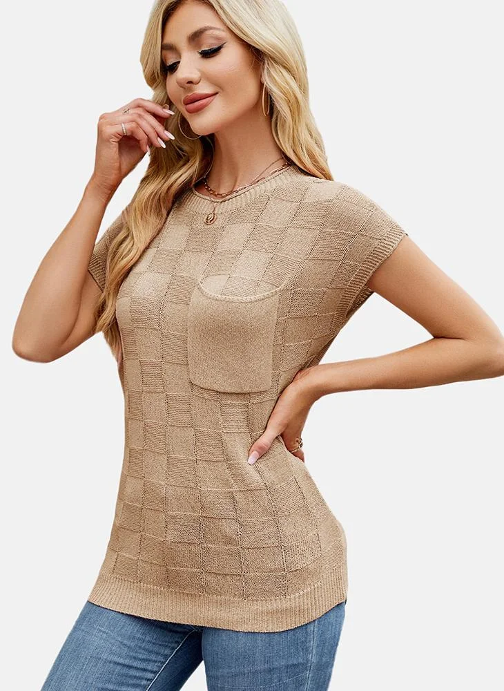 يونيكي Beige Round Neck Printed Top