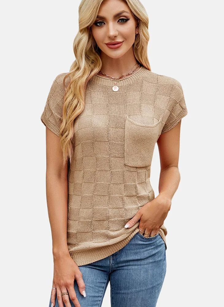 يونيكي Beige Round Neck Printed Top