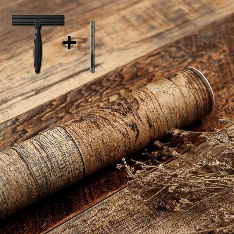 TANONE Wood Contact Paper Kitchen Peel and Stick Wallpaper, Self Adhesive Removable Wallpaper Countertops Waterproof, Shiplap Wall Paper Wood Vinyl Wrap for Cabinets Rustic Brown 17.5" x 236" - Image 1