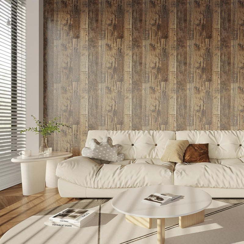 TANONE Wood Contact Paper Kitchen Peel and Stick Wallpaper, Self Adhesive Removable Wallpaper Countertops Waterproof, Shiplap Wall Paper Wood Vinyl Wrap for Cabinets Rustic Brown 17.5" x 236" - Image 3