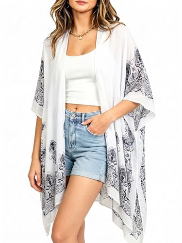 Moss Rose Women's Beach Cover up Swimsuit Kimono with Bohemian Floral Print, Loose Casual Resort Wear - Image 1