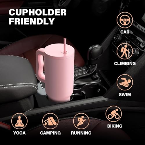House of Quirk 1200ML Stainless Steel Tumbler with Handle & Lid, 2 Straws – Large Travel Mug Water Cup for Gym, Office & Outdoor Use (Misty Rose) - Image 5