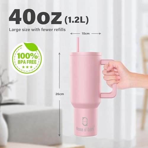 House of Quirk 1200ML Stainless Steel Tumbler with Handle & Lid, 2 Straws – Large Travel Mug Water Cup for Gym, Office & Outdoor Use (Misty Rose) - Image 4