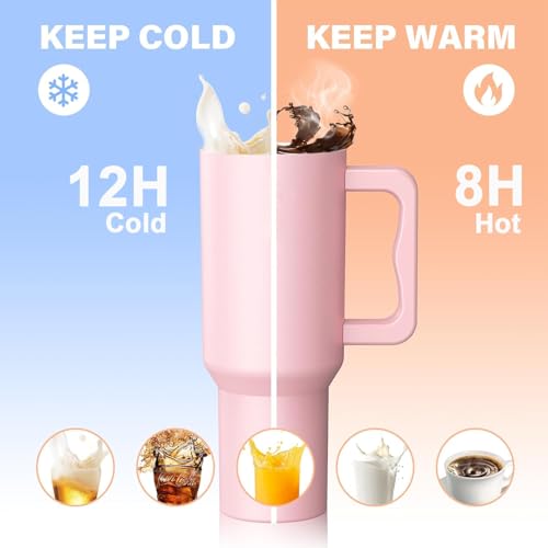 House of Quirk 1200ML Stainless Steel Tumbler with Handle & Lid, 2 Straws – Large Travel Mug Water Cup for Gym, Office & Outdoor Use (Misty Rose) - Image 3