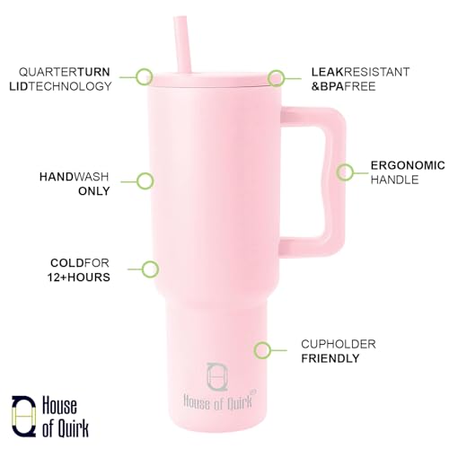 House of Quirk 1200ML Stainless Steel Tumbler with Handle & Lid, 2 Straws – Large Travel Mug Water Cup for Gym, Office & Outdoor Use (Misty Rose) - Image 2