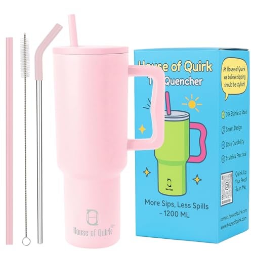 House of Quirk 1200ML Stainless Steel Tumbler with Handle & Lid, 2 Straws – Large Travel Mug Water Cup for Gym, Office & Outdoor Use (Misty Rose) - Image 1