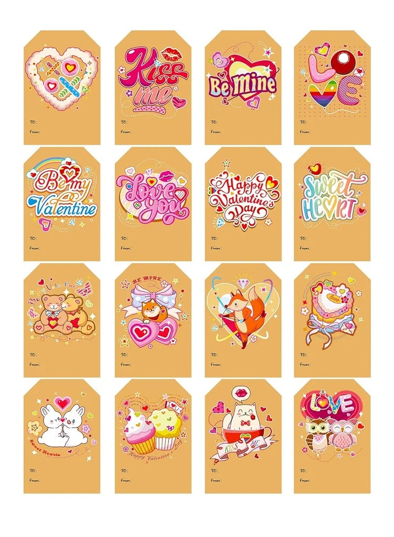 128pcs Valentine Gift Tags Sticker, Self Adhesive Valentine’s Day Gift Tag Kraft Name Tags for Valentine Present Decoration, Valentine's Day Presents Labels with Cute Animal and Sweets for Class - Image 1