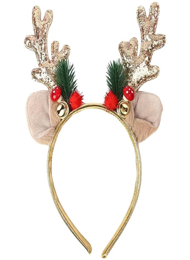 SARATA Christmas Headbands for Women Glitter Powder Bell Hair Hoop Elk Hair Band Reindeer Antlers Headband Women Girls Hair Access Headdress for Party 1PCS (Golden) - Image 1