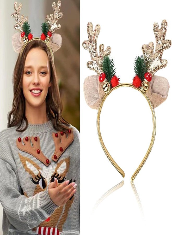 SARATA Christmas Headbands for Women Glitter Powder Bell Hair Hoop Elk Hair Band Reindeer Antlers Headband Women Girls Hair Access Headdress for Party 1PCS (Golden) - Image 2